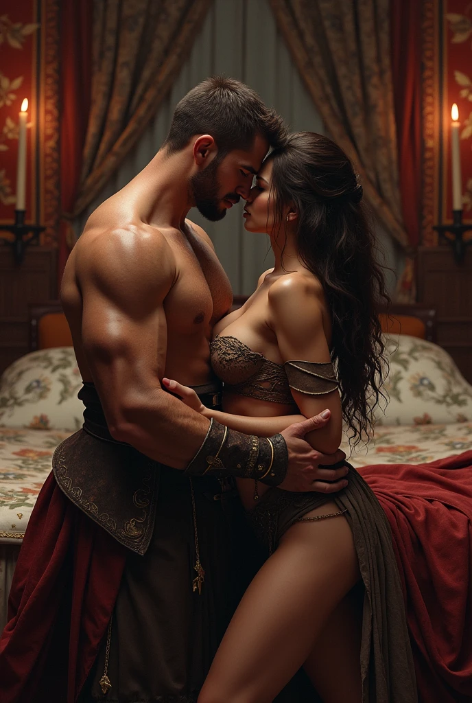 (couple cuddling) rough man Zeus muscular naked, beautiful, sexy, big breasts, cleavage, bare legs, see-through, standing, hanfu, wet, clear, realistic, highest detail, Chinese mythology, dragon pattern, phoenix, sacred, holy, golden mountains, heavenly palace, countless palaces, clouds, golden light