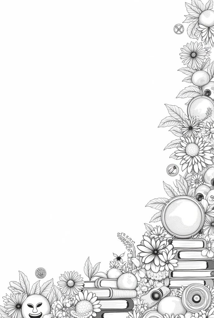 black and white linear drawing with various cultural elements that appear all over the page, spread throughout the space. drums, guitar, THEATRE MASKS, flowers, photographic machines, terrestrial globe, textbooks, saxophone, mike. 

