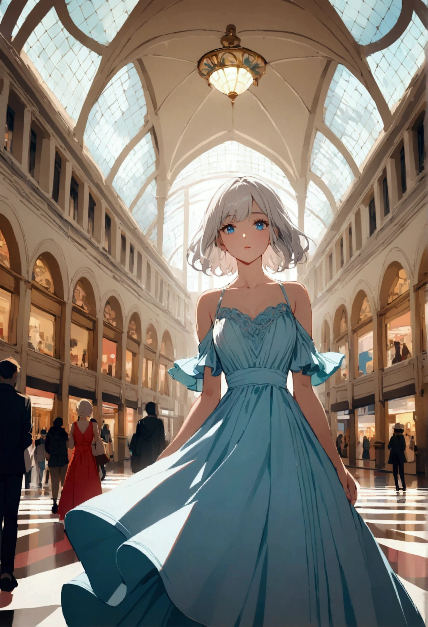A woman with white hair and blue eyes wears a dress to go out in the middle of the mall during the day.