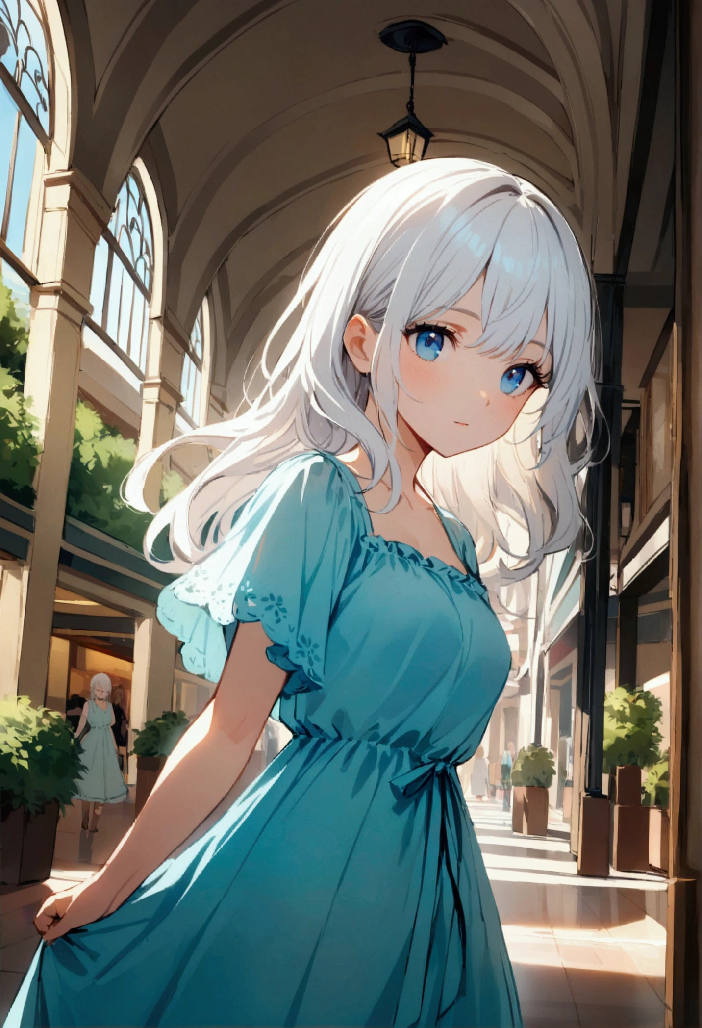 A woman with white hair and blue eyes wears a dress to go out in the middle of the mall during the day.