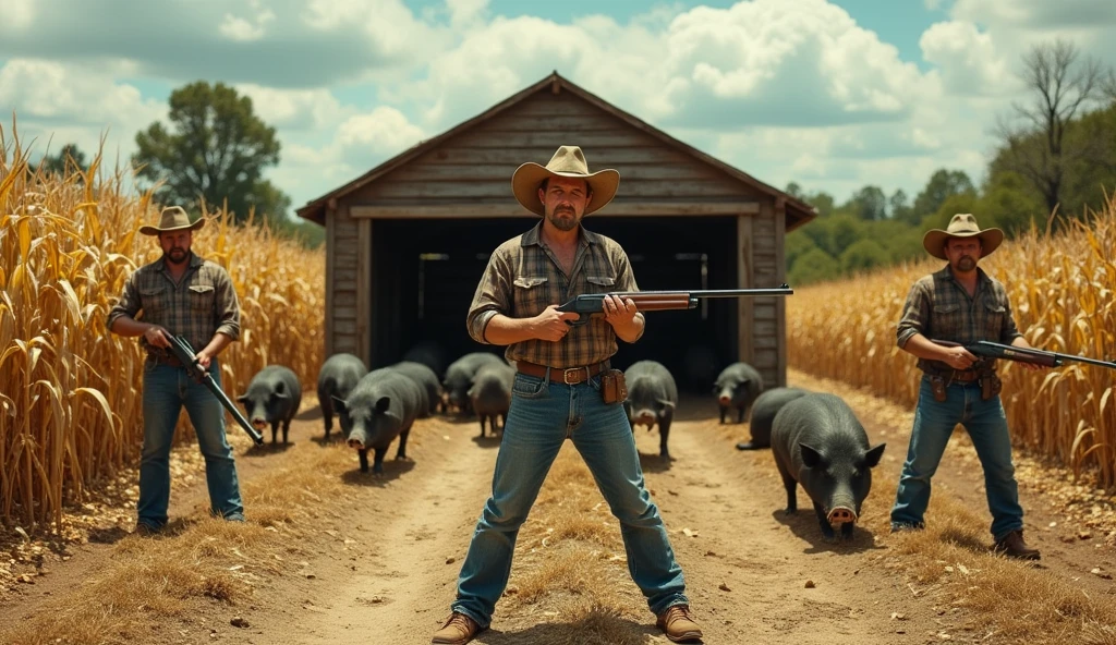 Create a thumbnail for YouTube (1280x720 pixels) highlighting a dramatic rural scene. At the center, a large pigsty built of sturdy wooden logs and surrounded by strong wire mesh. Inside the pigsty, several wild pigs are agitated, with some showing their teeth and others trying to escape. The scene is set in a vast corn plantation, with damaged ears visibly scattered across the ground, suggesting the damage caused by pigs.In the foreground, a determined-looking, sweaty-faced farmer is tightly gripping a shotgun. He wears a worn plaid shirt, worn jeans and leather boots. in the head, a timeworn straw hat, leaning forward slightly as he watches the pigs closely. Beside him, two other farmers, both also in rural attire, hold weapons, ready for any movement of animals.The sky in the background is partly cloudy, adding an air of tension to the scene. The surrounding vegetation is dense, with trees and shrubs forming a natural perimeter around the pigsty. The general atmosphere should convey a sense of urgency and effort in capturing these wild pigs., that are causing damage to crops. The details in the environment, like the yellow and dry earth, the pigs&#39; tracks and the farming tools in the background, must reinforce the rural context and the challenge faced by farmers."