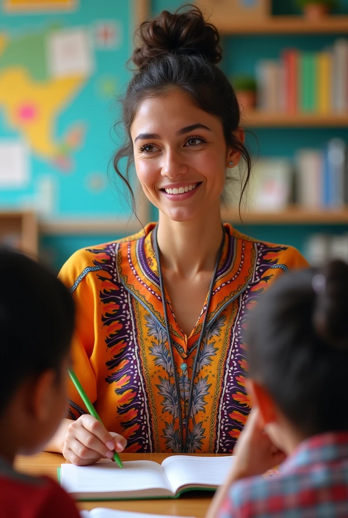Female primary school teacher, He has an Ecuadorian shirt, and is teaching classes.