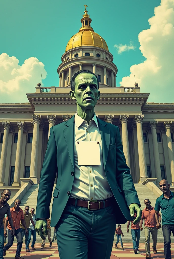 The cartoon shows a politician with a blank sticker on his chest., walking like a zombie towards a campaign platform, while in the background other “zombies” try to climb the Brazilian National Congress.