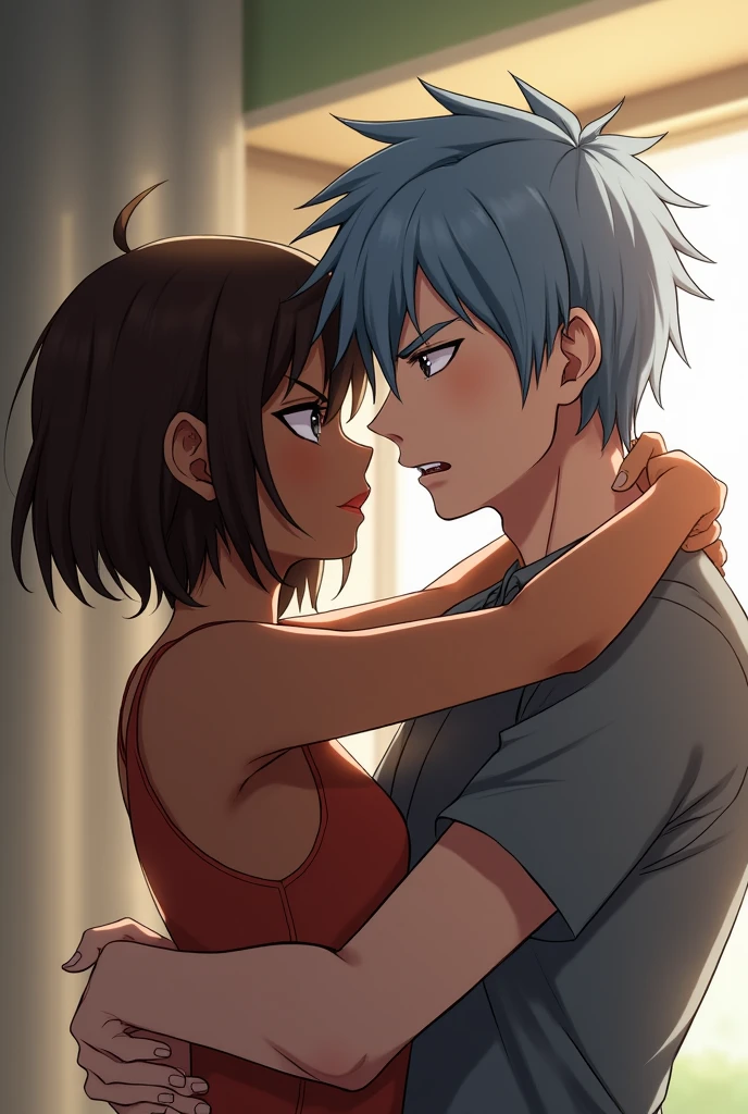 A dark-skinned woman, half closed eyes what a bigger expression, brown short hair. A light-skinned man, half closed eyes what a crazy expression, medium long light blue hair. Kissing anime style.