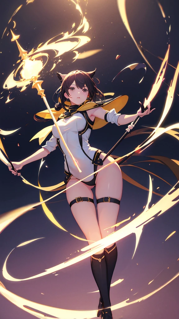 Young girl, hour glass figure, perfect body, holding a glowing spear, wearing black thigh high socks 