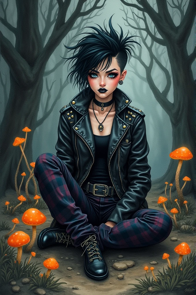 A fierce goth tomboy, with a mohawk and dark lipstick, dressed in a studded leather jacket and plaid pants, sitting on the ground, in a shadowy forest, surrounded by twisted trees and glowing mushrooms, A Watercolor illustration in the style of Fantasy Art, Dark Romanticism, and Alternative Art, by Brian Froud, inspired by Enid Sinclair