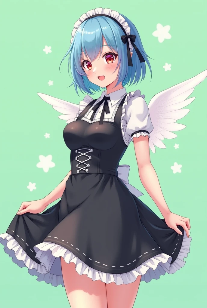 Maid cafe maid with short blue hair, Red eyes, a sensual and happy expression, age range between 18 and 26 years, with angel wings, black uniform, Full body anime style completely in 2D, with pastel colors, with a completely flat and green background