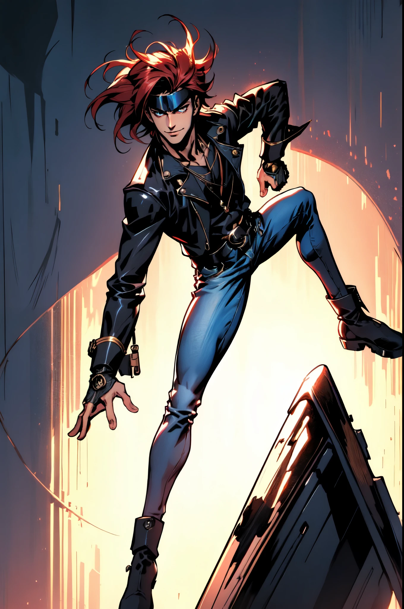 (masterpiece:1.2, best quality:1.2, extremely delicate:1.2), ((male:1.5)), a young man with messy red hair, a leather strap tied around his forehead, a handsome face, bright eyes, a rebellious smile, a slender build, a futuristic fantasy-style black and white leather jacket, dark jeans, hiking boots, he is making an exaggerated leap above the city, this character embodies a finely crafted futuristic fantasy-style rogue in anime style, exquisite and mature manga art style, dramatic, high definition, highres, ultra-detailed, ultra-fine painting, professional, perfect body proportions, golden ratio, anatomically correct, symmetrical face, extremely detailed eyes and face, high quality eyes, creativity, RAW photo, UHD, 32k, Natural light, cinematic lighting, (masterpiece-anatomy-perfect:1.2)