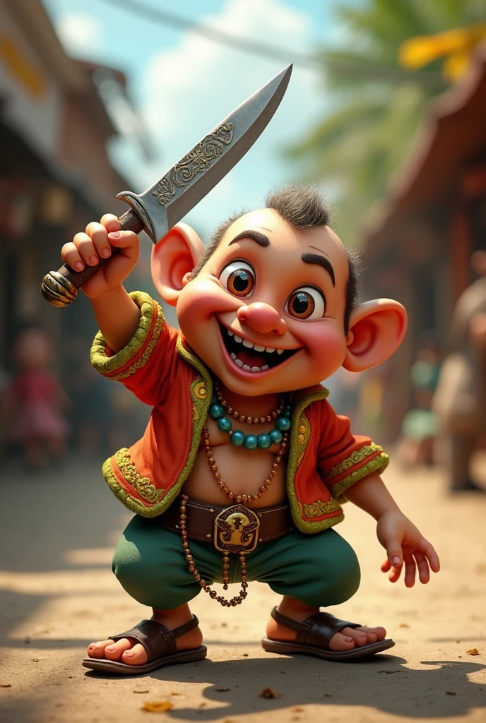 A happy Brazilian dwarf holding a knife
