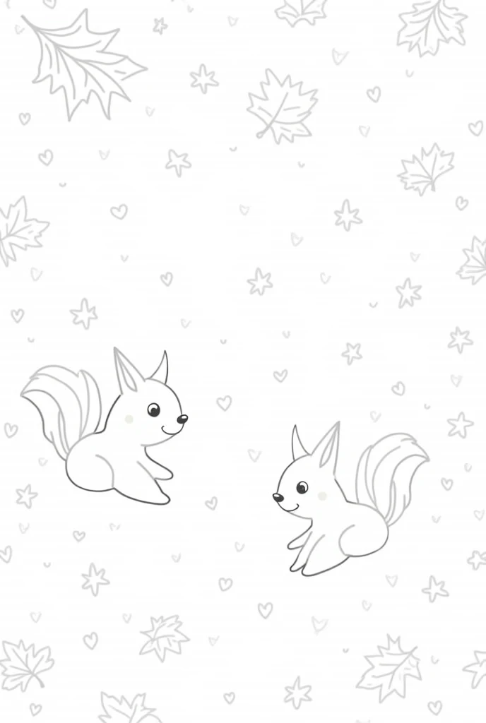 non-coloured, coloring pages for adults, an image of a whimsical scene featuring animals playing in the leaves, like squirrels chasing each other or birds flying overhead, cartoon style, thick lines, low detail, black and white, no shading,