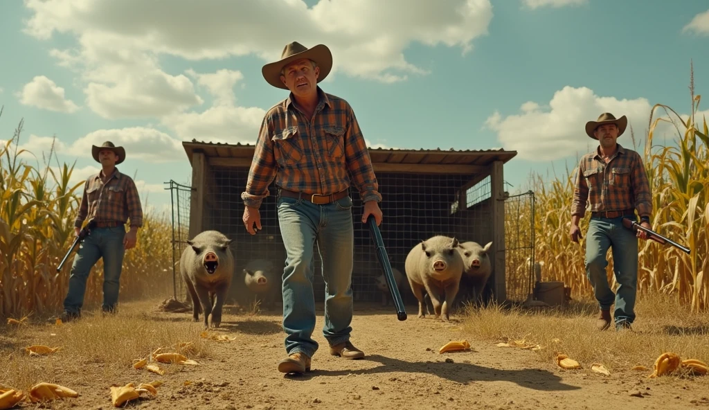 Create a thumbnail for YouTube (1280x720 pixels) highlighting a dramatic rural scene. At the center, a large pigsty built of sturdy wooden logs and surrounded by strong wire mesh. Inside the pigsty, several wild pigs are agitated, with some showing their teeth and others trying to escape. The scene is set in a vast corn plantation, with damaged ears visibly scattered across the ground, suggesting the damage caused by pigs.In the foreground, a determined-looking, sweaty-faced farmer is tightly gripping a shotgun. He wears a worn plaid shirt, worn jeans and leather boots. in the head, a timeworn straw hat, leaning forward slightly as he watches the pigs closely. Beside him, two other farmers, both also in rural attire, hold weapons, ready for any movement of animals.The sky in the background is partly cloudy, adding an air of tension to the scene. The surrounding vegetation is dense, with trees and shrubs forming a natural perimeter around the pigsty. The general atmosphere should convey a sense of urgency and effort in capturing these wild pigs., that are causing damage to crops. The details in the environment, like the yellow and dry earth, the pigs' tracks and the farming tools in the background, must reinforce the rural context and the challenge faced by farmers."