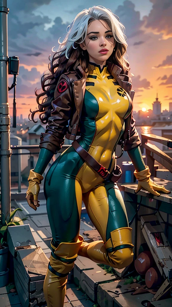 Jennifer Lawrence、Wet、Full body portrait、Long Hair、Brown Hair、Green Eyes、lipstick、compensate、lips、Emphasize cleavage、sexy、White stripes in hair、like、Wavy Hair、Disheveled Hair、Curly Hair、middle～Large Breasts、Surface Plot、((Kelli Berglund:Bailee Madison:0.5))、Yellow suit、Jacket、gloves、belt、アマリロのgloves、Green suit、(Bodysuits:1.4)、Multicolored clothing、(Superhero:1.4)、Firm Skin、Multicolored clothing、Garden and wisteria background、Official Art、Highly detailed CG 8k wallpaper、Perfect lighting、Colorful、bright_amount_method_Light、piel bright、(masterpiece:1.0)、(Better Quality:1.0)、Ultra-high resolution、4K、Super detailed、Director of Photography、8k、HDR、High Resolution Lights、 (Disorder:1.2)、Kodak Portrait 400、Film Grain、Blurred Background、(Bokeh:1.2)、Lens flare、(Bright colors:1.2)、Professional photos、(Beautiful way:1.5)、More detail in 8K。Unreal Engine:1.4、Hmm、Better Quality:1.4、Real:1.4、Skin temperature:1.4、masterpiece:1.8、masterpiece、Better Quality、Object Object]、(Detailed facial features:1.3)、(Destroyed city pre-apocalyptic:1.4)、(Apocalyptic Sunset:1.4)