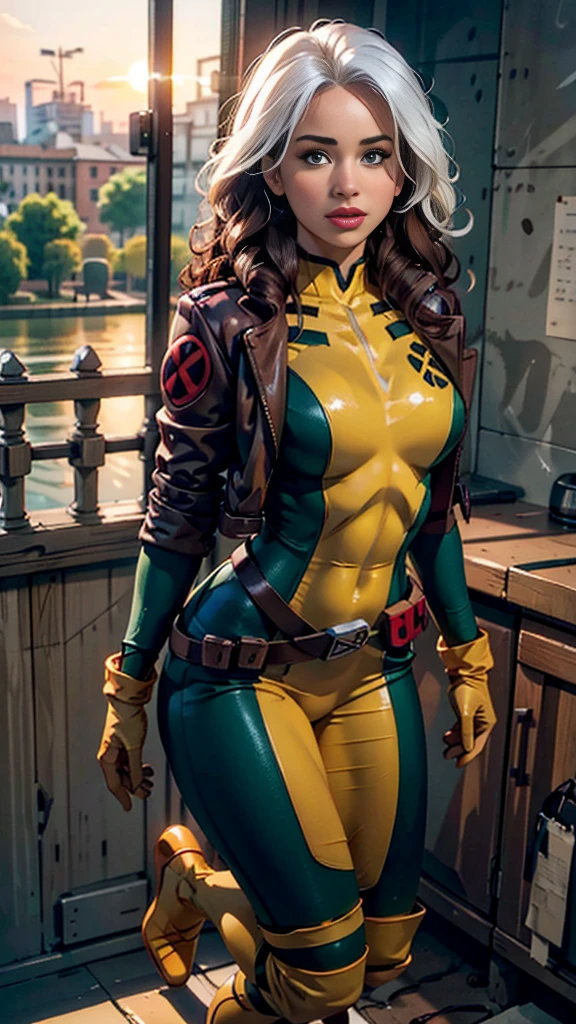Jennifer Lawrence、Wet、Full body portrait、Long Hair、Brown Hair、Green Eyes、lipstick、compensate、lips、Emphasize cleavage、sexy、White stripes in hair、like、Wavy Hair、Disheveled Hair、Curly Hair、middle～Large Breasts、Surface Plot、((Kelli Berglund:Bailee Madison:0.5))、Yellow suit、Jacket、gloves、belt、アマリロのgloves、Green suit、(Bodysuits:1.4)、Multicolored clothing、(Superhero:1.4)、Firm Skin、Multicolored clothing、Garden and wisteria background、Official Art、Highly detailed CG 8k wallpaper、Perfect lighting、Colorful、bright_amount_method_Light、piel bright、(masterpiece:1.0)、(Better Quality:1.0)、Ultra-high resolution、4K、Super detailed、Director of Photography、8k、HDR、High Resolution Lights、 (Disorder:1.2)、Kodak Portrait 400、Film Grain、Blurred Background、(Bokeh:1.2)、Lens flare、(Bright colors:1.2)、Professional photos、(Beautiful way:1.5)、More detail in 8K。Unreal Engine:1.4、Hmm、Better Quality:1.4、Real:1.4、Skin temperature:1.4、masterpiece:1.8、masterpiece、Better Quality、Object Object]、(Detailed facial features:1.3)、(Destroyed city pre-apocalyptic:1.4)、(Apocalyptic Sunset:1.4)