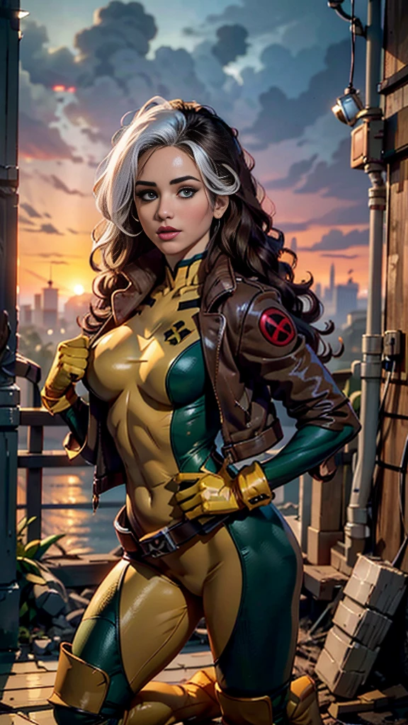 Jennifer Lawrence、Wet、Full body portrait、Long Hair、Brown Hair、Green Eyes、lipstick、compensate、lips、Emphasize cleavage、sexy、White stripes in hair、like、Wavy Hair、Disheveled Hair、Curly Hair、middle～Large Breasts、Surface Plot、((Kelli Berglund:Bailee Madison:0.5))、Yellow suit、Jacket、gloves、belt、アマリロのgloves、Green suit、(Bodysuits:1.4)、Multicolored clothing、(Superhero:1.4)、Firm Skin、Multicolored clothing、Garden and wisteria background、Official Art、Highly detailed CG 8k wallpaper、Perfect lighting、Colorful、bright_amount_method_Light、piel bright、(masterpiece:1.0)、(Better Quality:1.0)、Ultra-high resolution、4K、Super detailed、Director of Photography、8k、HDR、High Resolution Lights、 (Disorder:1.2)、Kodak Portrait 400、Film Grain、Blurred Background、(Bokeh:1.2)、Lens flare、(Bright colors:1.2)、Professional photos、(Beautiful way:1.5)、More detail in 8K。Unreal Engine:1.4、Hmm、Better Quality:1.4、Real:1.4、Skin temperature:1.4、masterpiece:1.8、masterpiece、Better Quality、Object Object]、(Detailed facial features:1.3)、(Destroyed city pre-apocalyptic:1.4)、(Apocalyptic Sunset:1.4)