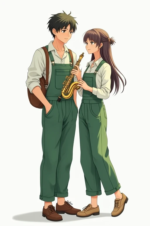 Anime-style refreshing young man and woman wearing green long-sleeved casual overalls with white background, holding clarinet and horn in their hands
