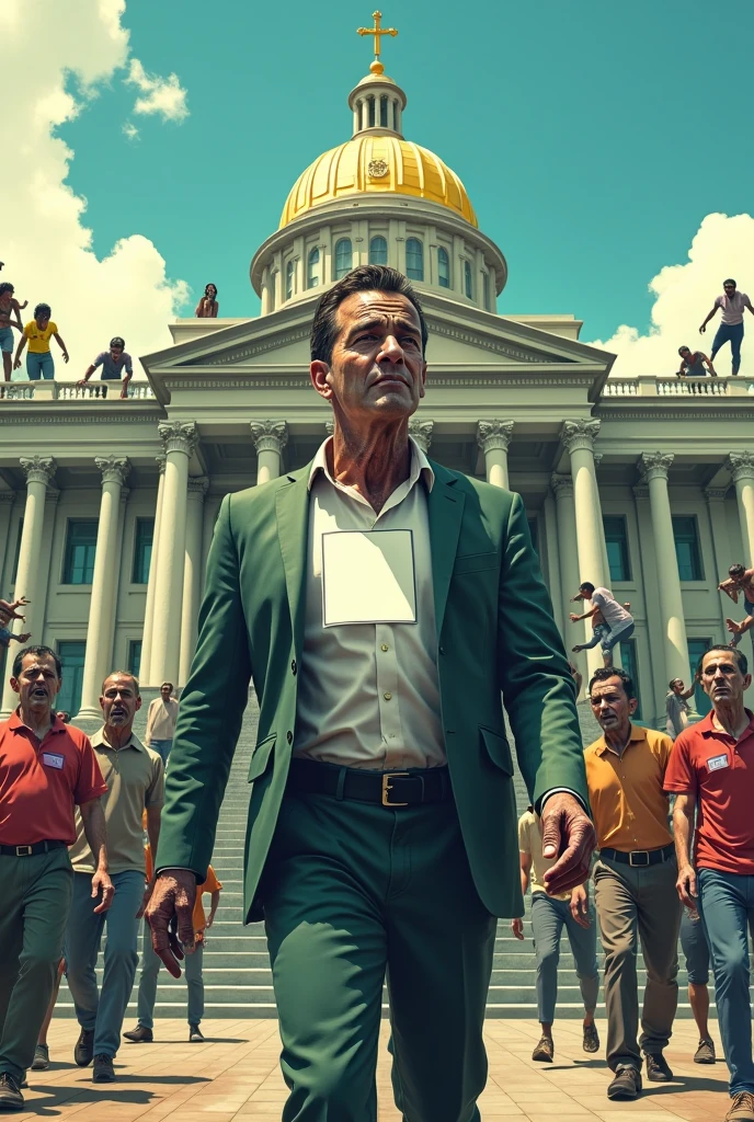 The cartoon shows a politician with a blank sticker on his chest., walking like a zombie towards a campaign platform, while in the background other zombies try to climb the Brazilian National Congress.