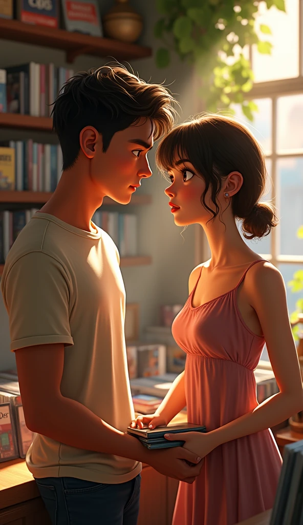 A handsome guy holding cd looking at a georgous girl working in cd shop, pixar style, cinematic, masterpiece, high-aesthetic, realistic