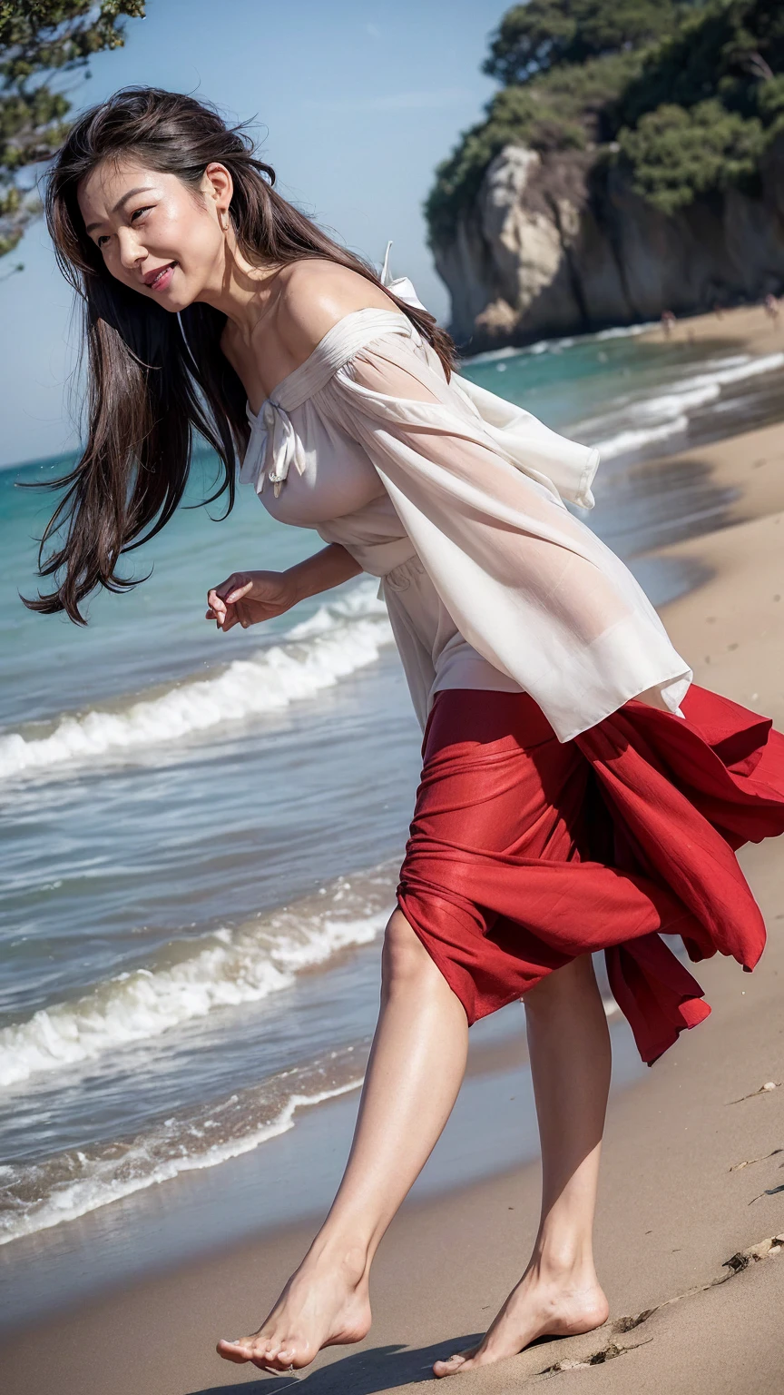 ((Highest quality)), ((8k)), ((masterpiece:1.3)), (Perfect look), (Photorealism:1.6), (JMA), (Who), (Walking woman), (people々Bustling beaches), 日本people女性, 60 years old, ((Realistic skin texture)), (Fine wrinkles appear all over the skin: 1.3), (Dullness: 1.1), (Unmoisturized skin: 1.2) , (Facial wrinkles: 0.9), (Wrinkles around the eyes: 1.2), double eyelid, Lower eyelid tear trough, (Teardrop: 0.9), The eyes are looking here, Serious gaze, (Dimples: 1.2), BREAK(Red lips),BREAK 短い前髪, Long Hair, Long hair with curled ends, (Hair over the ears), Laugh with the corners of your mouth turned up, Soft fabric off-the-shoulder bowtie blouse, Wide sleeves, Cuffs that fit your wrist, Flared long skirt, barefoot, Hair blowing in the wind, Small breasts, (whole body: 1.4), (Low - Angle: 1.4),