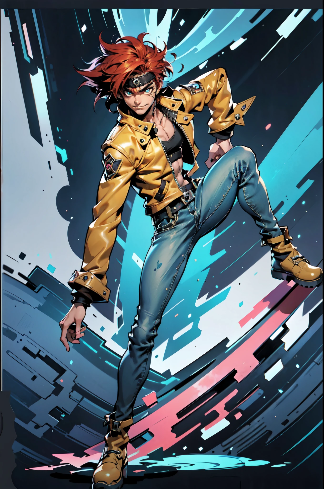 (masterpiece:1.2, best quality:1.2, extremely delicate:1.2), ((male:1.5)), a young man with messy red hair, a leather strap tied around his forehead, a handsome face, bright eyes, a rebellious smile, a slender build, a futuristic fantasy-style black and white leather jacket, dark jeans, hiking boots, he is making an exaggerated leap above the city, this character embodies a finely crafted futuristic fantasy-style rogue in anime style, exquisite and mature manga art style, dramatic, high definition, highres, ultra-detailed, ultra-fine painting, professional, perfect body proportions, golden ratio, anatomically correct, symmetrical face, extremely detailed eyes and face, high quality eyes, creativity, RAW photo, UHD, 32k, Natural light, cinematic lighting, (masterpiece-anatomy-perfect:1.2)