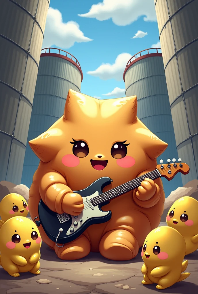 Anime style croissant is playing electric guitar sitting in the silo where several chocoholic from final fantasy lives.