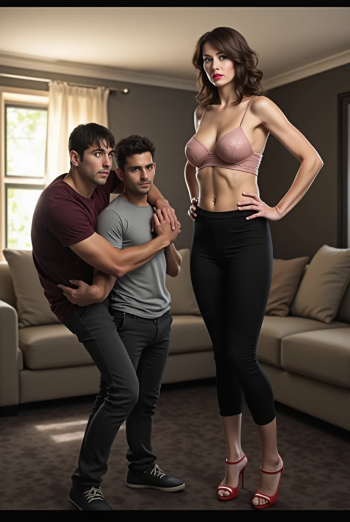 The scene depicts a tall girl on the right side of the image, with two short men on the left side. One man is carrying the other man on his shoulder. In the background, there is a sofa set. The girl is topless and exposing her breasts and nipples. She has large breasts and ripped abs