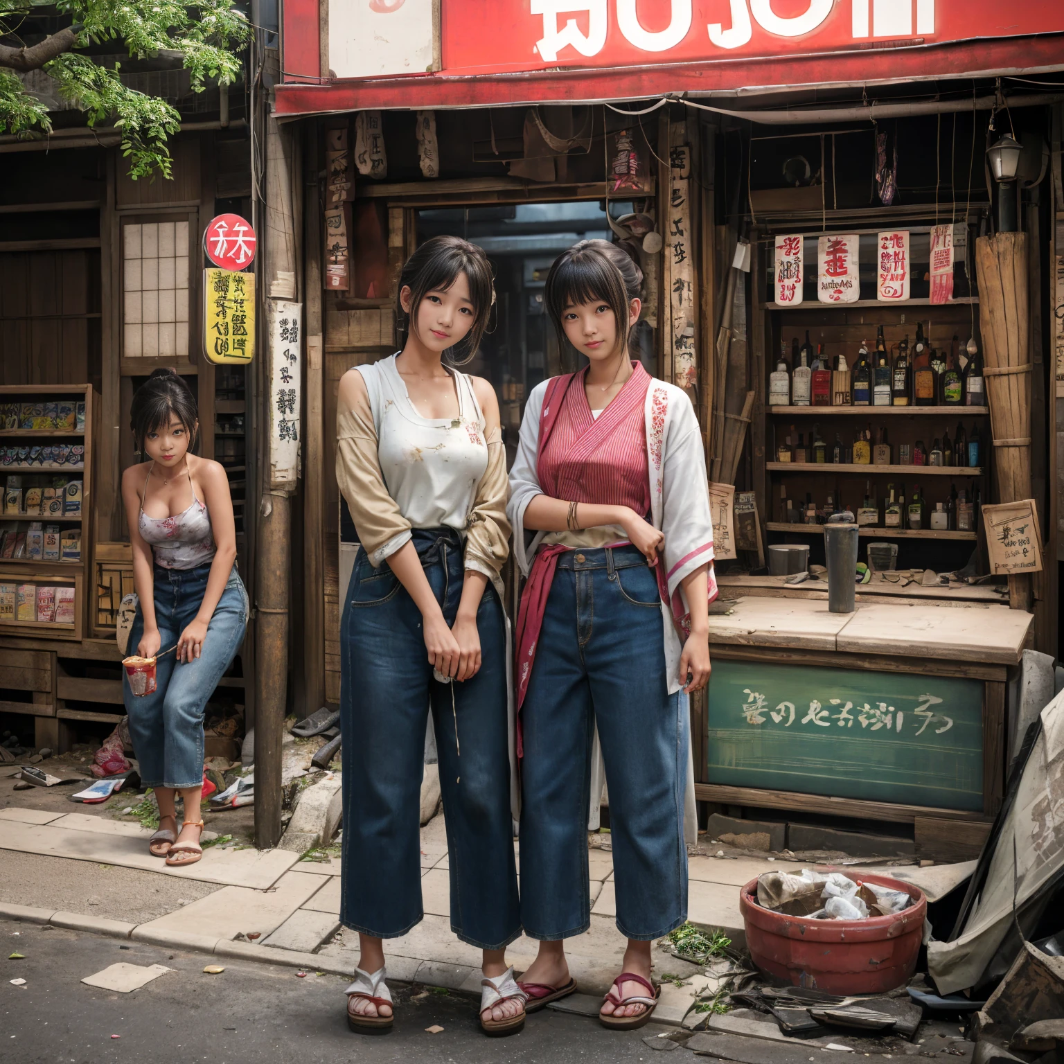 ((masterpiece、Highest quality))、Beautiful girls gather.、Three girls in summer clothes、(Showa Retro:1.2)、(Detailed and cute face:1.3)、(Poor conditions、Japan's poor neighborhoods、Dim and unsanitary、Standing Bar、みんなで楽しくdiet、Crumbling underground shopping mall:1.3)、屋台のdiet店、stage、sewage、Dirty shop、street vendors、Unsanitary and abandoned city、smile、diet、Poor person々