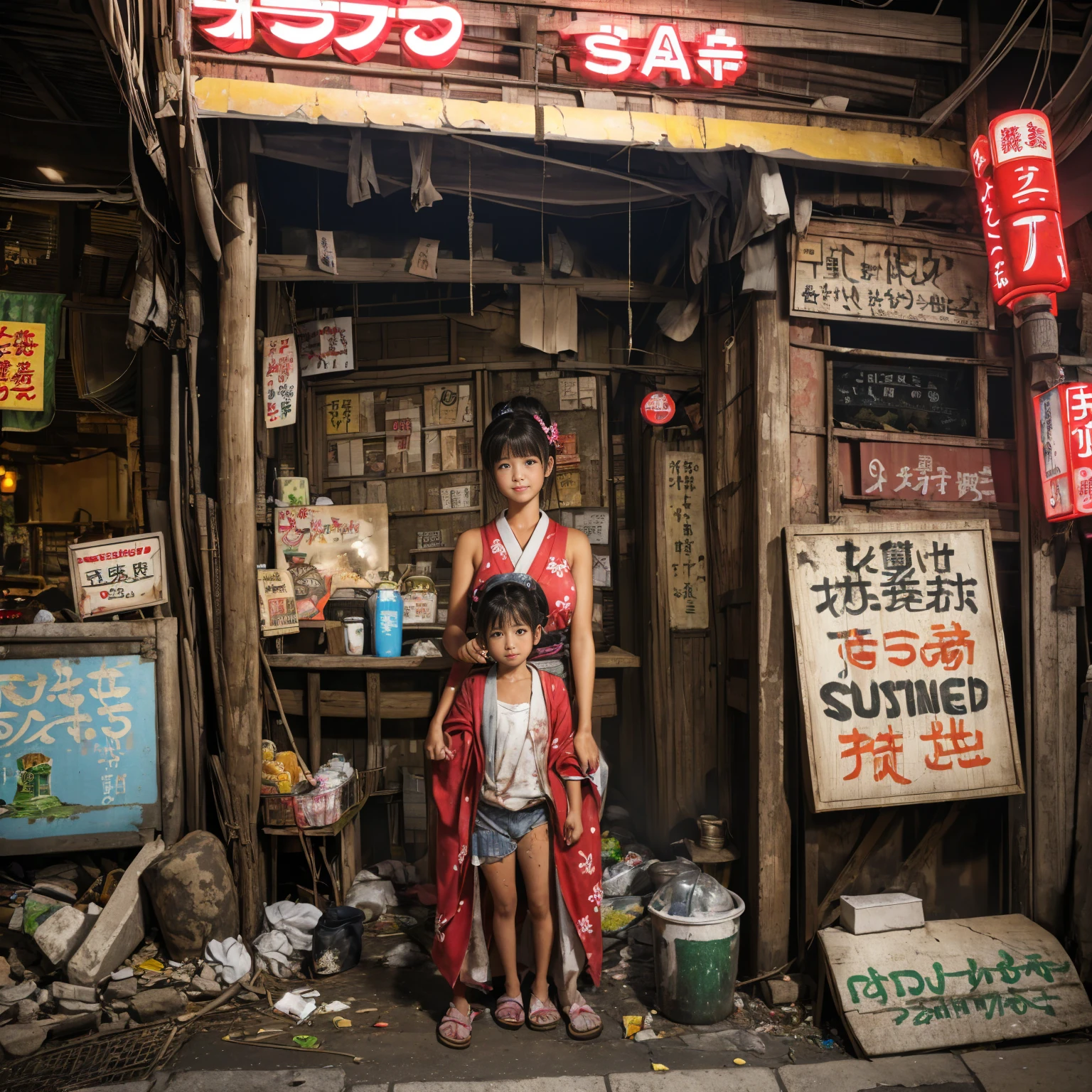 ((masterpiece、Highest quality))、Beautiful girls gather.、Three girls in summer clothes、(Showa Retro:1.2)、(Detailed and cute face:1.3)、(Poor conditions、Japan's poor neighborhoods、Dim and unsanitary、Standing Bar、みんなで楽しくdiet、Crumbling underground shopping mall:1.3)、屋台のdiet店、stage、sewage、Dirty shop、street vendors、Unsanitary and abandoned city、smile、diet、Poor person々