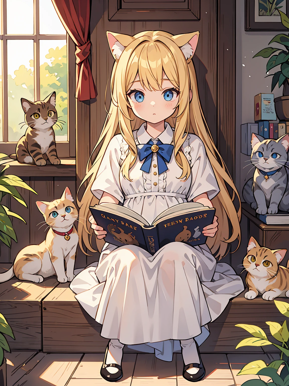 Blonde hair girl, beautiful eyes, reading a story book for cats, lots of cats gathering around her, fine detail, high detail, super resolution, high quality