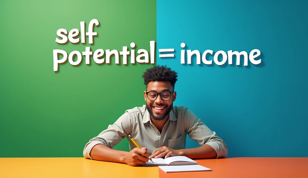 (photorealism:1.2), "Self Potential = Income," with capital letters, thick, and colors that contrast with the background. This makes the main message visible and easy to read..

 Use an image of someone studying enthusiastically, or visuals of money such as stacks of banknotes or money symbols. Make sure the image is relevant to the theme of skills and earnings..

Choose bright, contrasting colors for the background., like green, blue, or orange,

face image, choose an expression that shows confidence or enthusiasm. An optimistic and confident face can attract the attention of the audience..

 Don&#39;t use too many elements in the thumbnail. 

Focus on just one or two main elements, such as text and images. Make sure the text is easy to read even at small sizes..