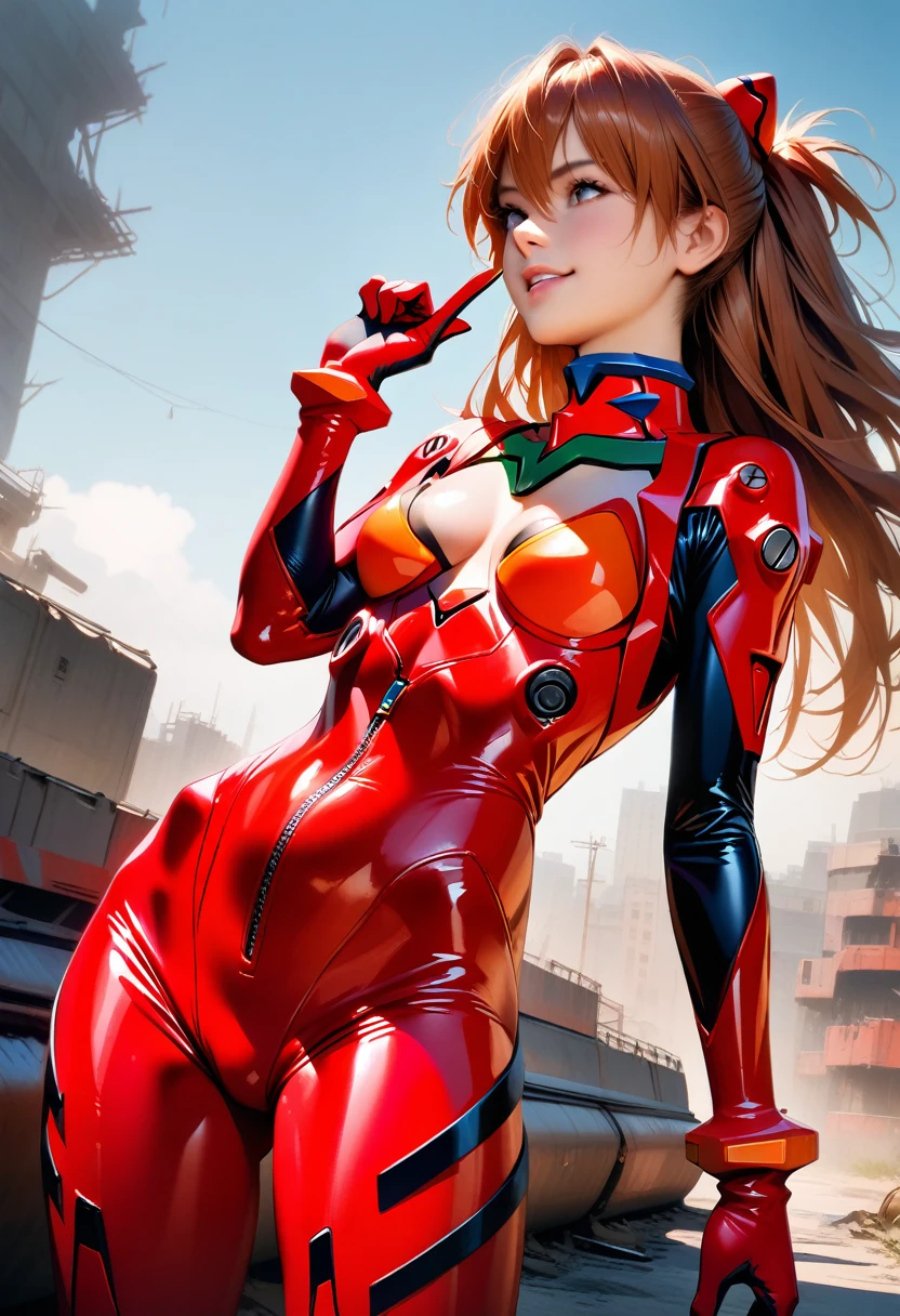 perfect hands, perfect finger,perfect anatomy, masterpiece, best quality,realistic, hyperrealistic, 16k hdr,1girl, souryuu asuka langley, neon genesis evangelion, rebuild of evangelion, plugsuit, pilot suit, red bodysuit, standing,spread leg, from bottom, strong wind, outdoor,military base,smile,sexy pose,open zipper,navel,,no bra,cleavage