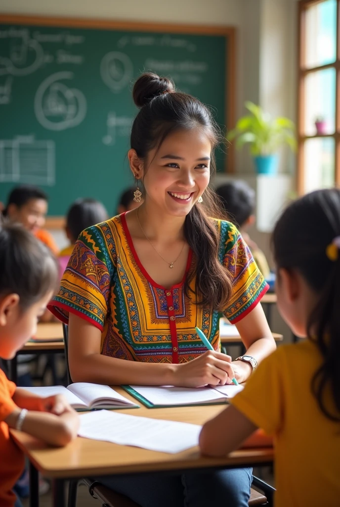 Female school teacher, He has an Ecuadorian shirt (yellow, blue and red) and is teaching classes.