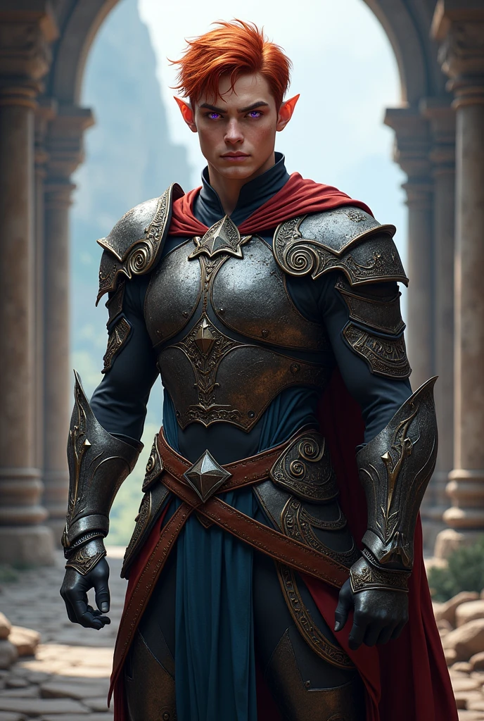 Male elf with purple eyes and short red hair in armor