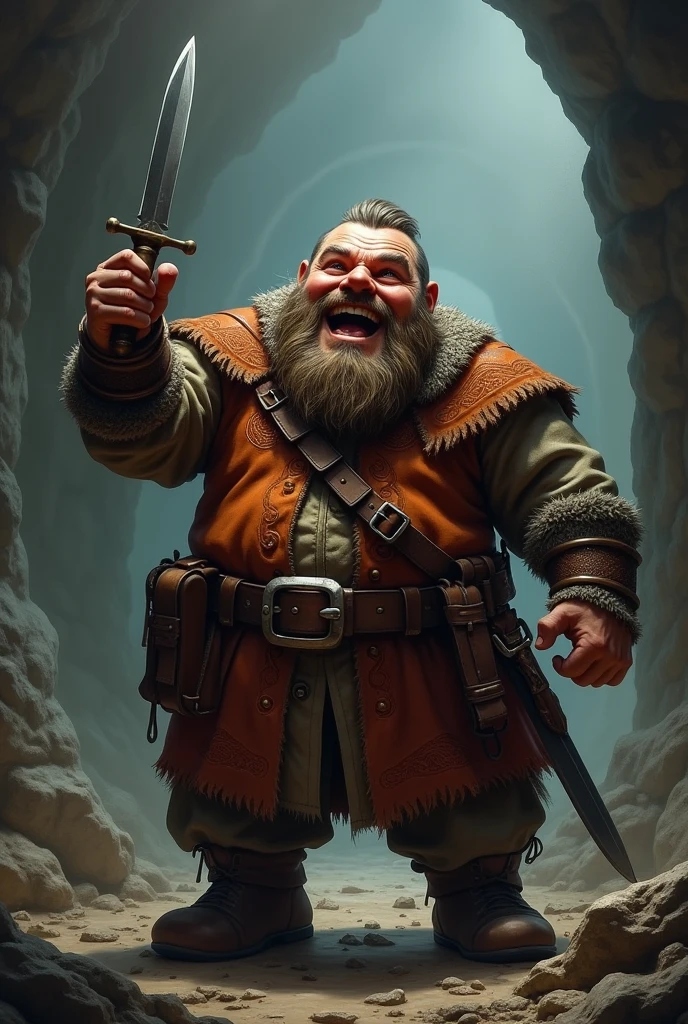 A real dwarf holding a knife happily