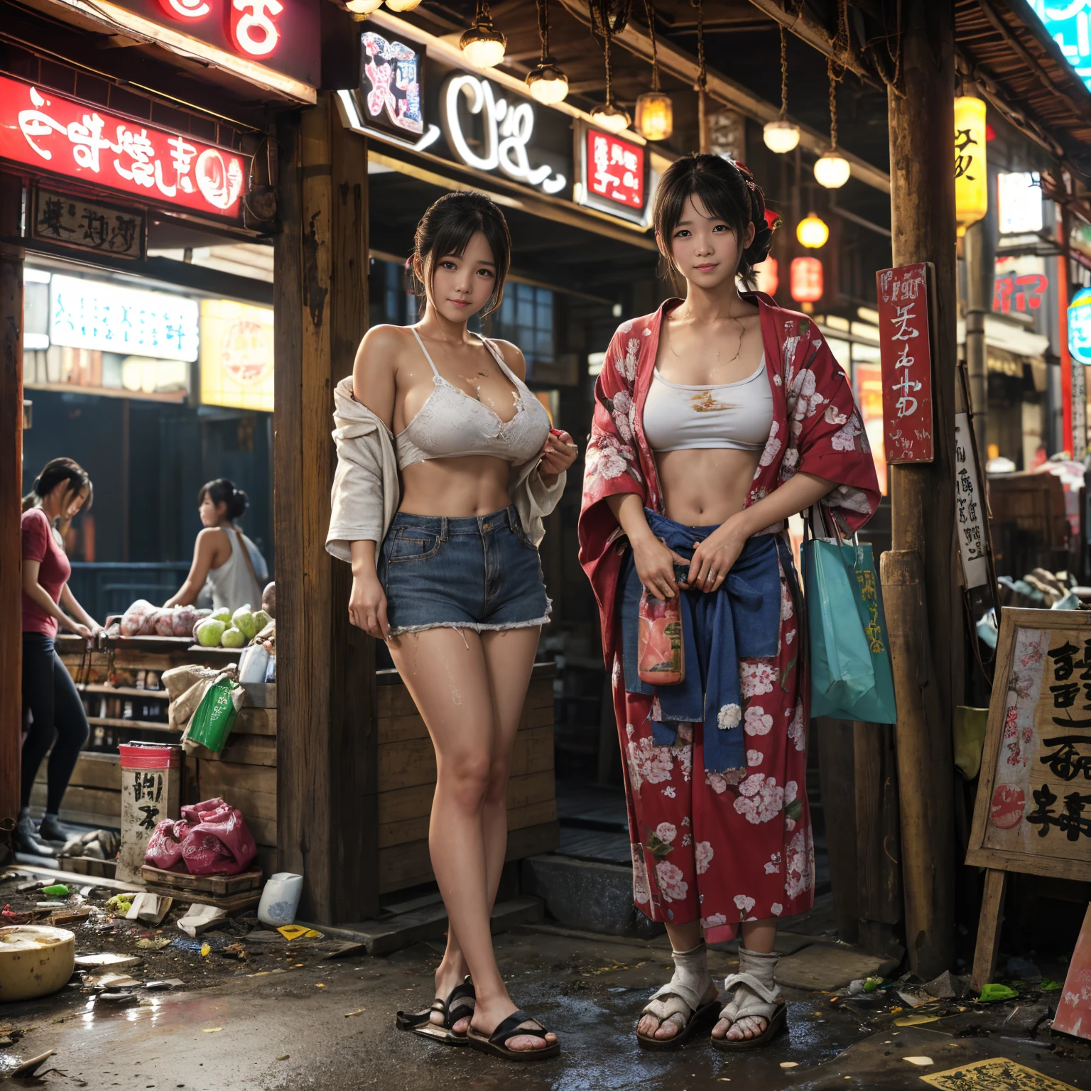 
((masterpiece、Highest quality))、Beautiful girls gather.、Three girls in summer clothes、(Showa Retro:1.2)、(Detailed and cute face:1.3)、(Poor conditions、Japan's poor neighborhoods、Dim and unsanitary、Standing Bar、みんなで楽しくdiet、Crumbling underground shopping mall)、屋台のdiet店、stage、sewage、Dirty shop、street vendors、Unsanitary and abandoned city、smile、diet、Poor person々