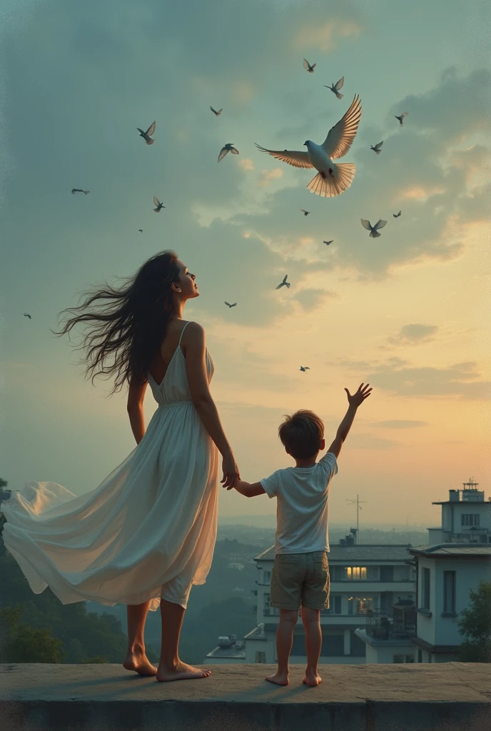 une belle femme et son fils , femme porte de robes d'été , le fils porte un jean les pieds nus, debout sur le toit, une lumière tamisée, après le coucher du soleil, des maisons lointaines, des fenêtres éclairées, femme libéré de la cage un troupeau de pigeons dans le ciel, le garçon levé les mains au ciel pour attraper une pigeon blanche , là Amour et Liberté, un émouvant spectacle de liberté