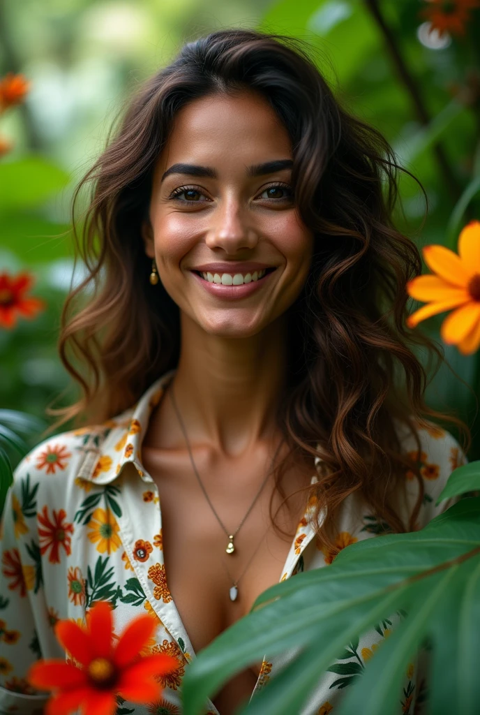 A Brazilian woman in a lush tropical garden, wearing an open shirt with a floral print, with a close-up capturing the harmonious beauty between her and the natural flowers, showing off your natural charm and outgoing personality.