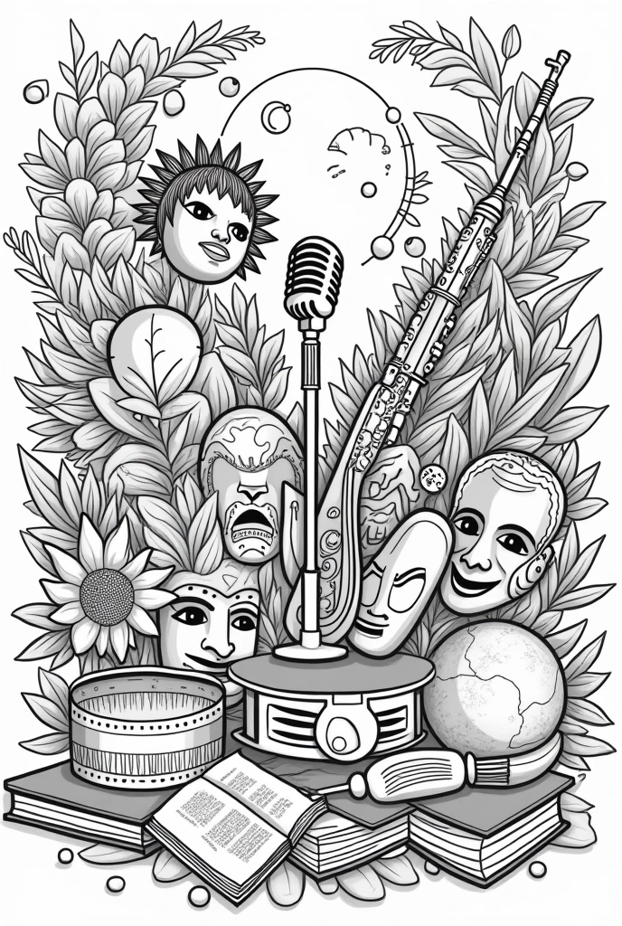 black and white linear drawing with various cultural elements, spread throughout the space. drums, tambourine, transverse flute, cuica, cavaquinho, guitar, THEATRE MASKS, flowers, photographic machines, terrestrial globe, textbooks, saxophone, mike. 

