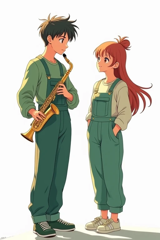 Anime-style refreshing young man and woman wearing green long-sleeved casual overalls with a white background, holding a clarinet and a horn in their hands