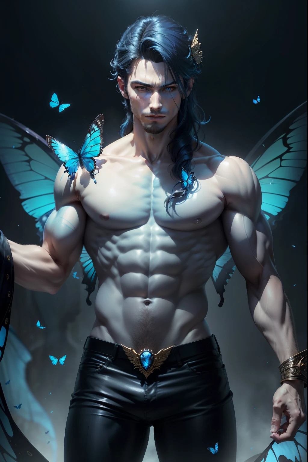 (8k,photorrealistic RAW photograph Maximum quality;1.4) (ung boy) Super handsome king of the underworld (lifelike face) (far away, hair with highlights to the side in blue colors) slenderbody full of hair, eyeballs, muscular guy grandes eyeballs cor-de-azul Blue Color Butterfly Outfit Butterfly decoration blue in color Fangs peeking out of the mouth Pointed claws a seductive gaze Beautiful expression A hyper-realistic (King of the Underworld) appealing (real looking skin) super high resolution high détail Luxurious blue colored pants Blue butterfly aura emanating from the body effect Blue butterfly wings
