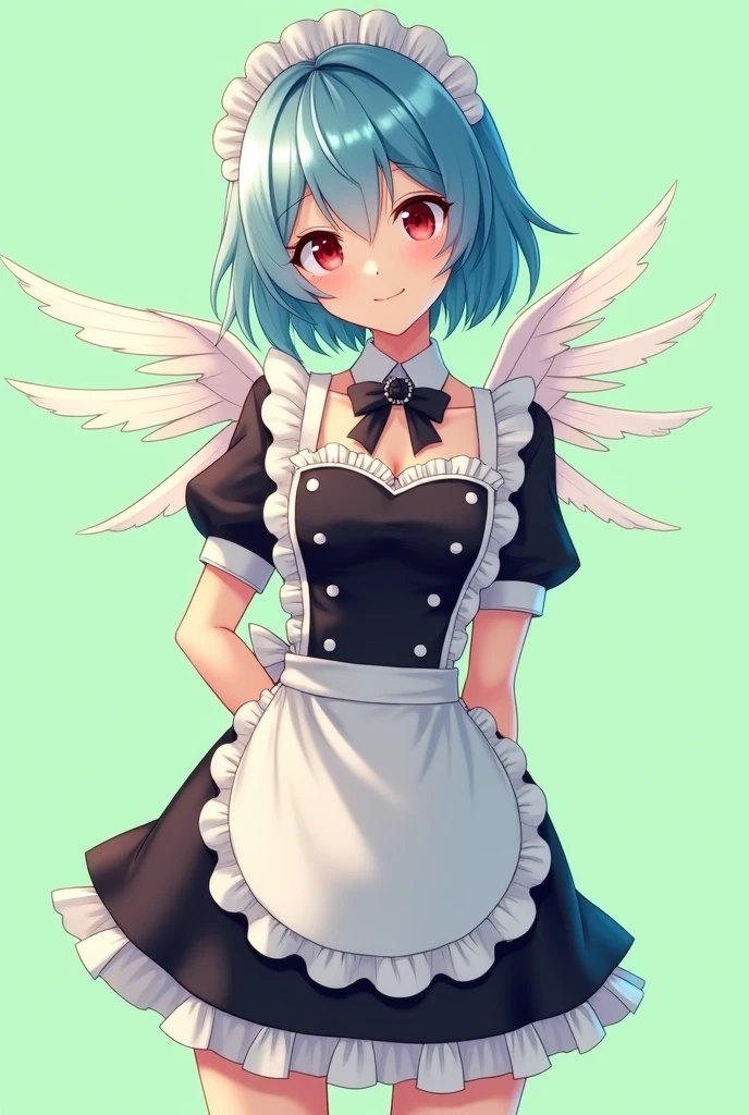 Maid cafe maid with short blue hair, Red eyes, a sensual and happy expression, age range between 18 and 26 years, with angel wings, black uniform, Full body anime style completely in 2D, with pastel colors, with a completely flat and green background