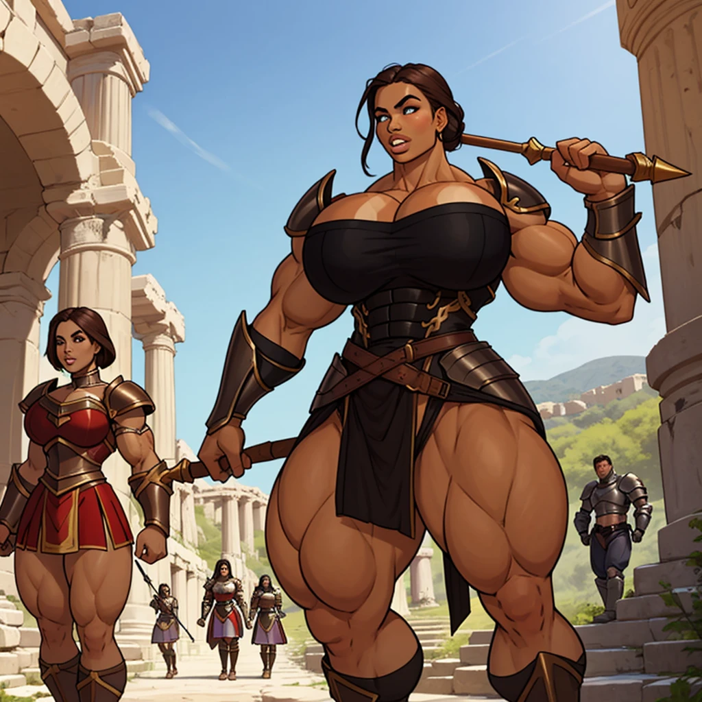 SFW, group of young girls, amazon warriors on guard holding a long spear weapon in an ancient greek-like city, chest armor huge breastplate, young, teens, muscular, athletic, buff, attractive, curvy, powerful, bulky, incase, super tanned, dark bronzed skin, extremely huge thighs, hypermuscular legs, extremely pumped up quad muscles, wearing armor, perfectly round breasts, breast implants, fake tits, parted lips, scar on thighs and biceps, exaggeratedly thick thighs