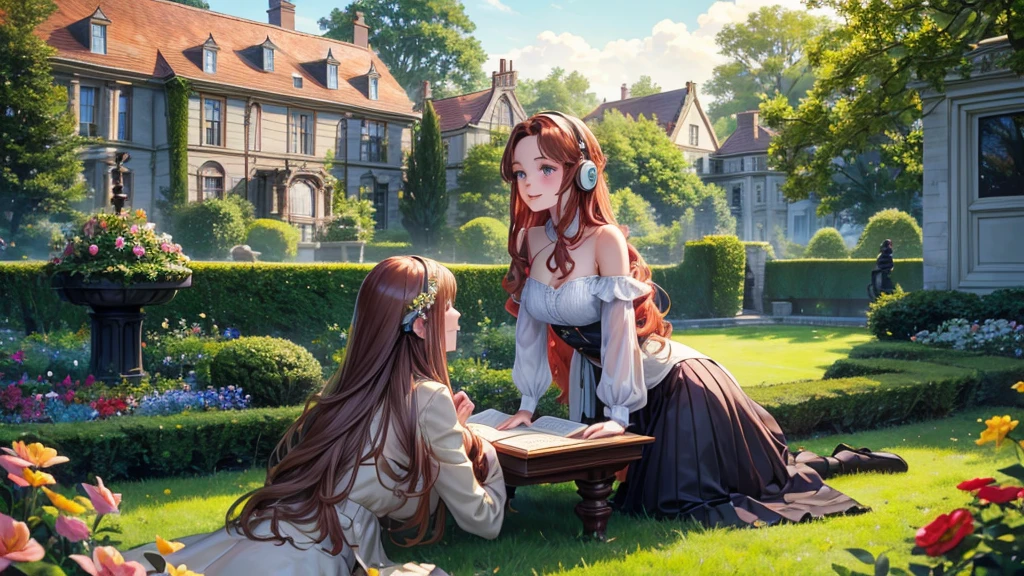 A 22 year old girl with long dark blonde hair. Studying together with her 12 year old sister with long dark red hair. In a garden of his mansion. In the background there is an impeccable decoration worthy of an English mansion with various types of flowers and birds decorating the landscape. Their outgoing smiles and radiant honey eyes reflect youthful joy. Her wavy hair cascades down to her waist, shining in the natural spring light. Wearing casual chic clothes the girls are sitting on the lawn of their beautiful garden. His eyes are bright, his lips parted revealing his surprise at the landscape of his immense house, personifying the innocence of his age. On their heads are two headphones filled with lights that reflect their lofi style of being.