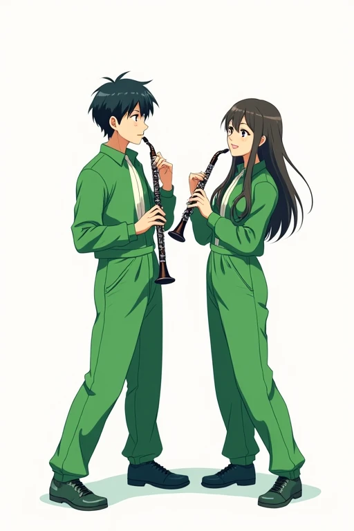Anime-style refreshing young man and woman wearing green long-sleeved jumpsuit with a white background, holding a clarinet and a horn in their hands