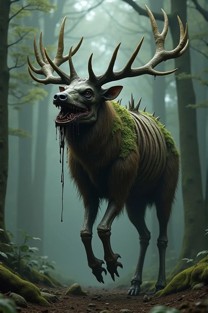 :Name: The Forest WatcherApariencia:deer head: The head of this creature is a macabre replica of a deer, with long, twisted antlers that appear to be made of bone rather than wood. The creature&#39;s mouth is filled with rotting flesh., dripping a dark, viscous liquid.Bear fur: Its body is covered with dense, messy fur., similar to that of a bear, but with patches of skin that appear to be in the process of decomposition.Skeletal parts: The body has several areas where the skeleton can be seen through the skin., especially in the arms and back. The exposed bones have a greyish appearance and are covered in moss and fungus..Legs of flesh and bone: The legs are long and thin, combining fresh meat with visible bones that look like they&#39;re about to break. They are strong enough to move quickly through the forest..Nailed to his back: Several long, sharp bones emerge from his back., that seem to dig into the creature&#39;s flesh, as if they were parts of a primordial spine. These bones are covered in a black, slimy substance..Behavior:The Forest Watcher es una criatura solitaria que patrulla su territorio con una actitud amenazante. It moves with a mix of agility and heaviness., His presence is a bad omen for those who venture too far into his realm.. It emits a deep, guttural sound that resonates in the forest., and those who hear it are often drawn to a sense of terror and despair.Habitat:Prefers dense and dark forests, where its monstrous appearance blends with the shadow and vegetation. Abandoned places and areas with lots of decaying vegetation are their natural home..I hope you like this description. Is there anything else you would like to add or modify??This content may violate our Terms of Use.Did we misunderstand?? Cuen**Name:** The Forest Watcher **A