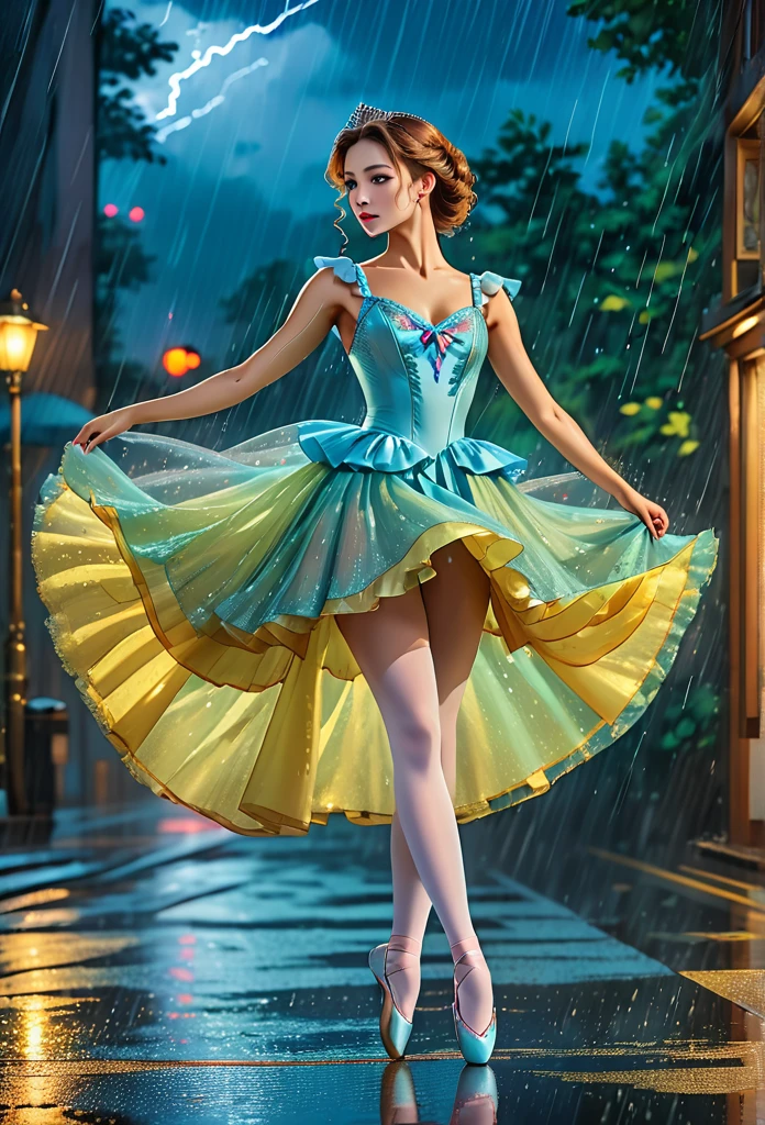 a portrait of female classical ballet prima ballerina dancing in the rain, a full body picture ((anatomically correct: 1.5)) of a exquisite beautiful female dancer wearing silk evening dress, intricate dress dynamic hair color, dynamic hair style, dynamic skin complexion, wearing ballet shoes, wearing thigh highs, ((she is standing in the middle of the rain storm: 1.5)),  she is wet, yet enjoys the dance in the rain, cloudy night, lightning storm, dynamic background, vibrant, Ultra-high resolution, High Contrast, (masterpiece:1.5), highest quality, Best aesthetics), best details, best quality, highres, 16k, (ultra detailed: 1.5), masterpiece, best quality, (extremely detailed) RAW, (ultra details, Masterpiece, best quality), Cinematic Hollywood Film, artxldnc, princess dress,view at the viewer 