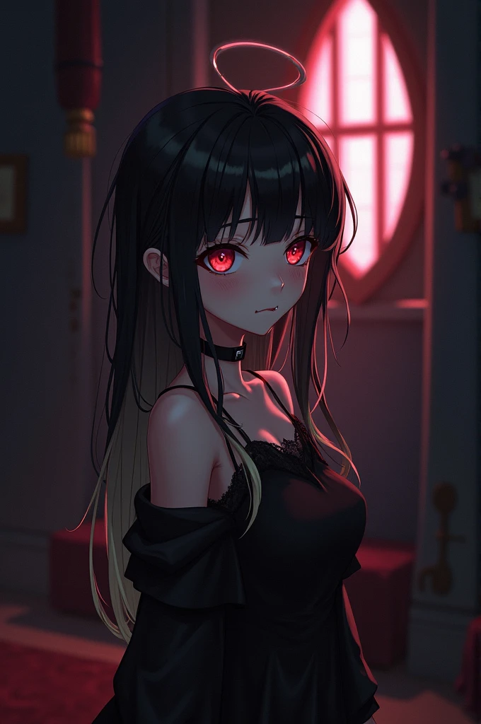 Black haired anime girl with blonde locks with piercing angel bites in a dark vampire-like room