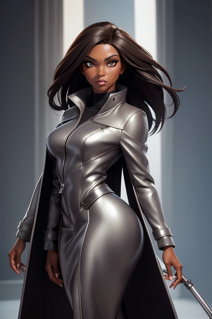 obra prima, melhor qualidade, ((only one woman,)) ((harris faulkner, dark black skin, short brown bob hair, heavy makeup eye shadow)) (((wearing metallic chrome leather long overcoat,))) (((overcoat is zipped up, overcoat covers waist and ass,))) ((overcoat has padded shoulders,)) ((overcoat has stiff high collar,)) body is very skinny, ((standing up, arched back, sexy pose,)) (((camera side view, view of high upper body,))) shallow depth of field, highres, HD, 8k, anatomically correct