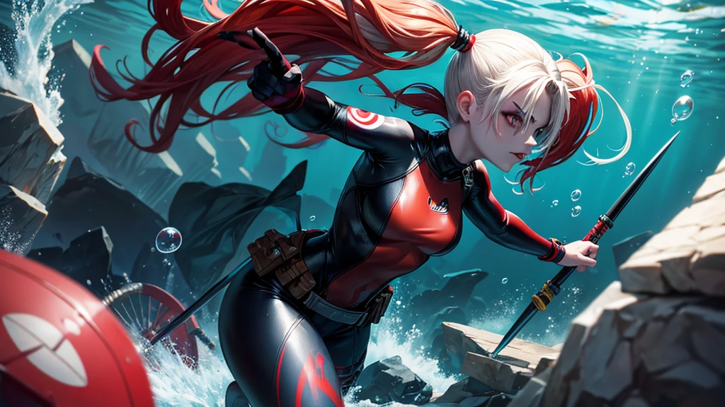 tattoo girl, very beautiful, murderous, Harley Quinn
Equipment: Spear gun, bubbles around
Attire: black and red Streamlined wetsuit with utility belt
Emotional Look: Fierce, holding breath and aiming
Camera View: Underwater shot, capturing the fluid motion, top view