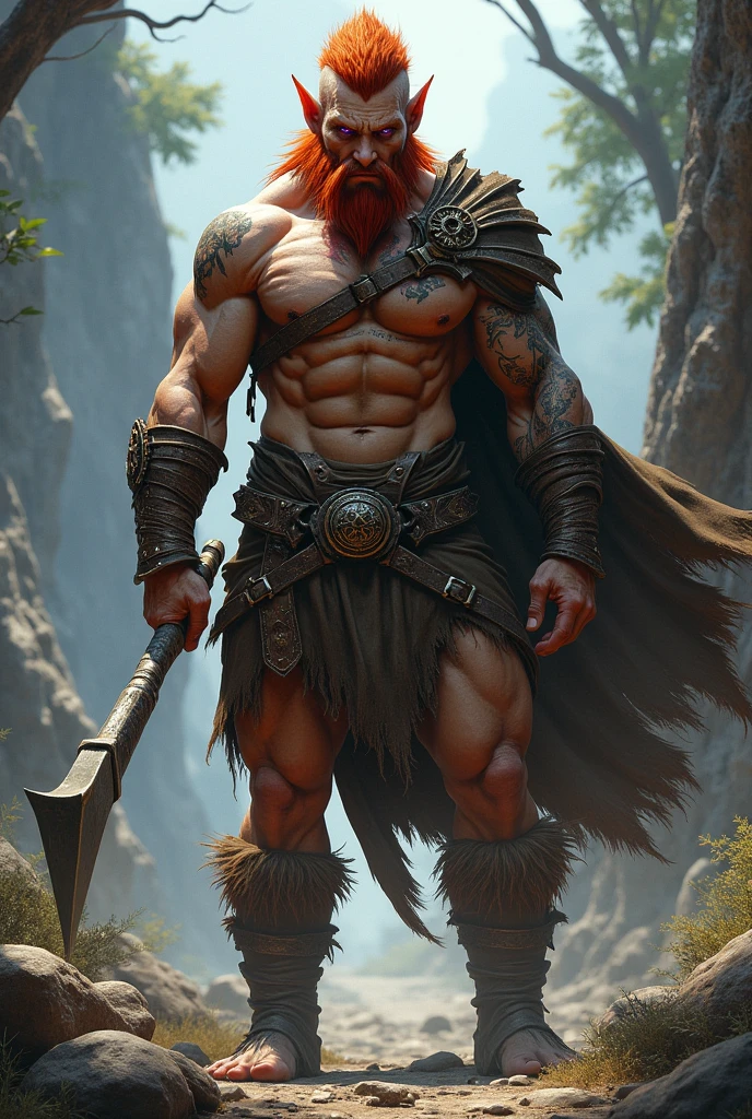 Barbarian male elf with purple eyes and short red hair
