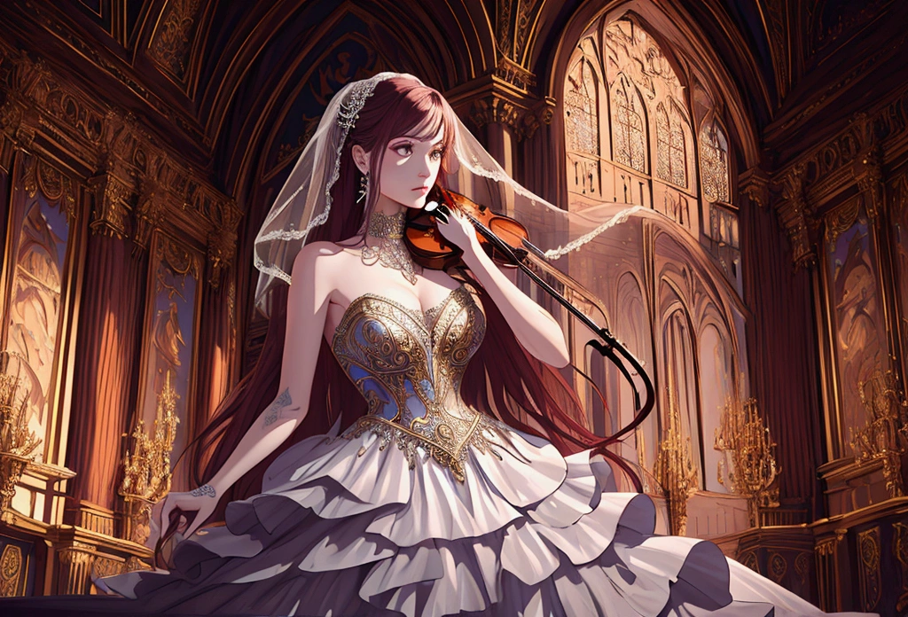 beautiful woman with violin in a beautiful place, long flowing hair, piercing eyes, dramatic lighting, ornate dress, bridal gown, gorgeous background, digitl art, cinematographic, hyperdetailed, 8k, photorrealistic